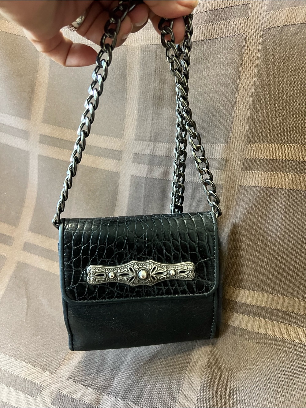 Brighton Black Leather Croc Embossed Compact Wallet Silver Hardware Vintage